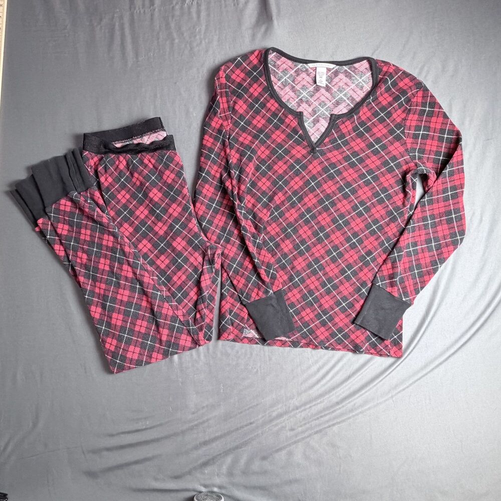 Victorias Secret Thermal Pj Set Waffle Red Black Plaid Med. Sleepwear Long John